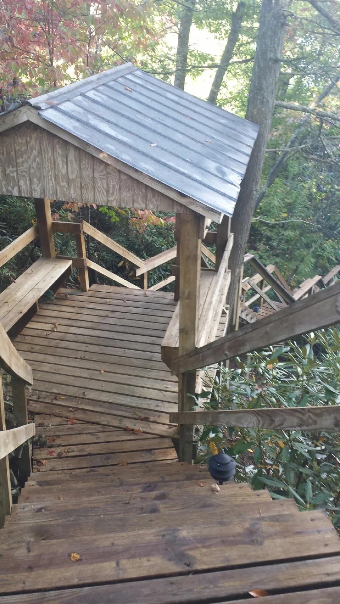 Metal roofed shelter over wooden steps on a wooded walkway — Skylight Repair & Installation work by our crew in La Vergne
